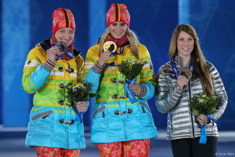 Sotchi 2014: Rennschlitten Frauen - Die Medaillengewinner Natalie GEISENBERGER (GER), Tatjana HUEFNER (GER), Erin HAMLIN (USA) - Foto: Sochi 2014 Olympic Games