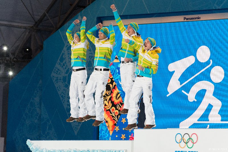Sotchi 2014: Siegerehrung Biathlon-Staffel der Herren - Deutsches Silber-Team - Foto: Sochi 2014 Olympic Winter Games