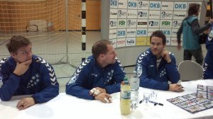 All-Star-Game 2014 in der Arena Leipzig mit Autogrammstunde: Die Schützlinge von Ljubomir Vranjes bei der SG Flensburg-Handewitt Lasse Svan, Matthias Andersson, Thomas Mogensen (v.l.) - Foto: SPORT4Final