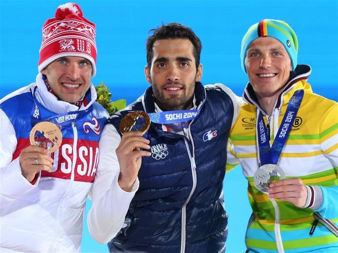 Sotchi 2014: Biathlon 20 km Einzel - Die Medaillengewinner Jewgeni Garanichev (RUS), Martin Fourcade (FRA), Erik Lesser (GER) - Foto: Sochi 2014 Olympic Winter Games