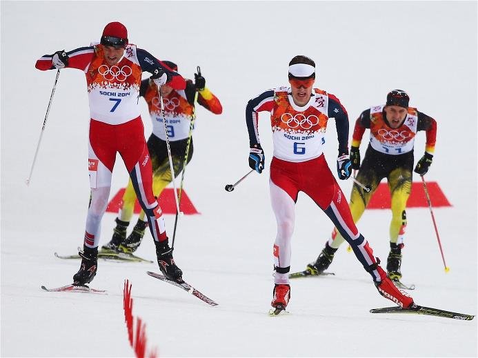 Sotchi 2014: Nordische Kombination Zieleinlauf - Magnus Moan (NOR),  Jörgen Graabak (NOR), Fabian Rießler (GER), Björn Kircheisen (GER) - Foto: Sochi 2014 Olympic Winter Games