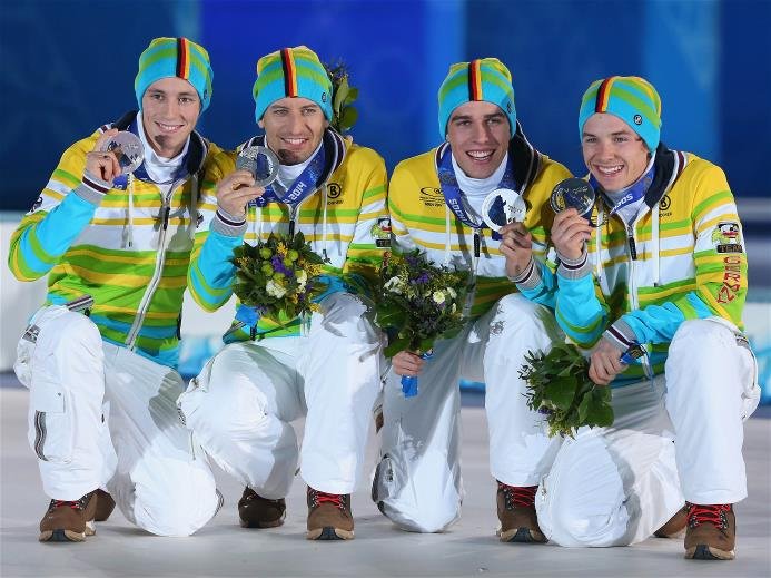 Sotchi 2014: Nordische Kombination Teamwettbewerb - Nach der Siegerehrung des Silber-Teams Eric Frenzel, Björn Kircheisen, Johannes Rydzek, Fabian Rießle (GER) - Foto: Sochi 2014 Olympic Winter Games