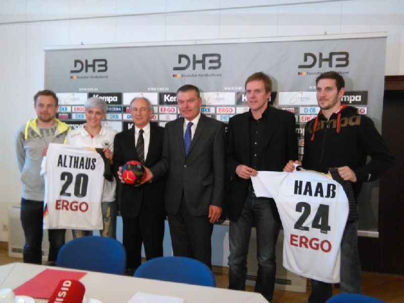 DHB: Pressegespräch am 14. Mai 2014 in Magdeburg - (v.l.) Heine Jensen, Anja Althaus, Bernhard Bauer, Holger Stahlknecht, Martin Heuberger, Michael Haaß - Foto: SPORT4Final