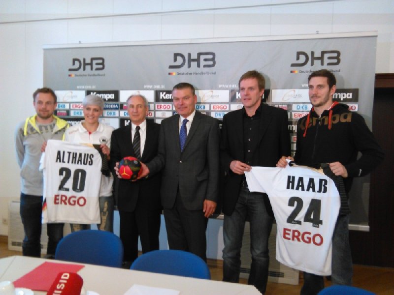 DHB: Pressegespräch am 14. Mai 2014 in Magdeburg - (v.l.) Heine Jensen, Anja Althaus, Bernhard Bauer, Holger Stahlknecht, Martin Heuberger, Michael Haaß - Foto: SPORT4Final