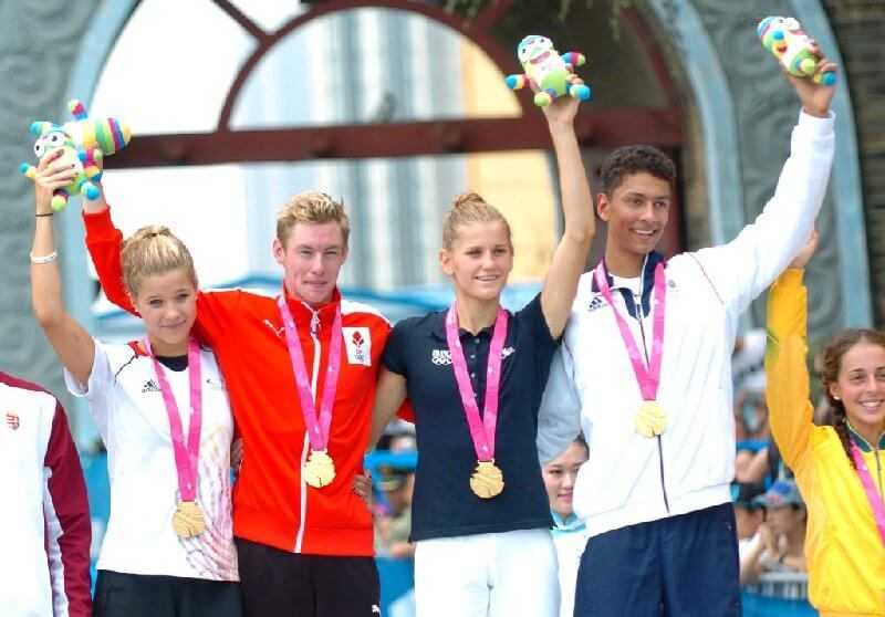 Olympische Jugendspiele Nanjing 2014: Gold für Kristin Ranwig - Triathletin Kristin Ranwig gewann an der Seite des Dänen Emil Deleuran Hansen, der Französin Emilie Morier und des Briten Ben Dijkstra (v.l.) mit der Mannschaft Europa I Gold im Mixed-Teamwettbewerb - Foto: DOSB