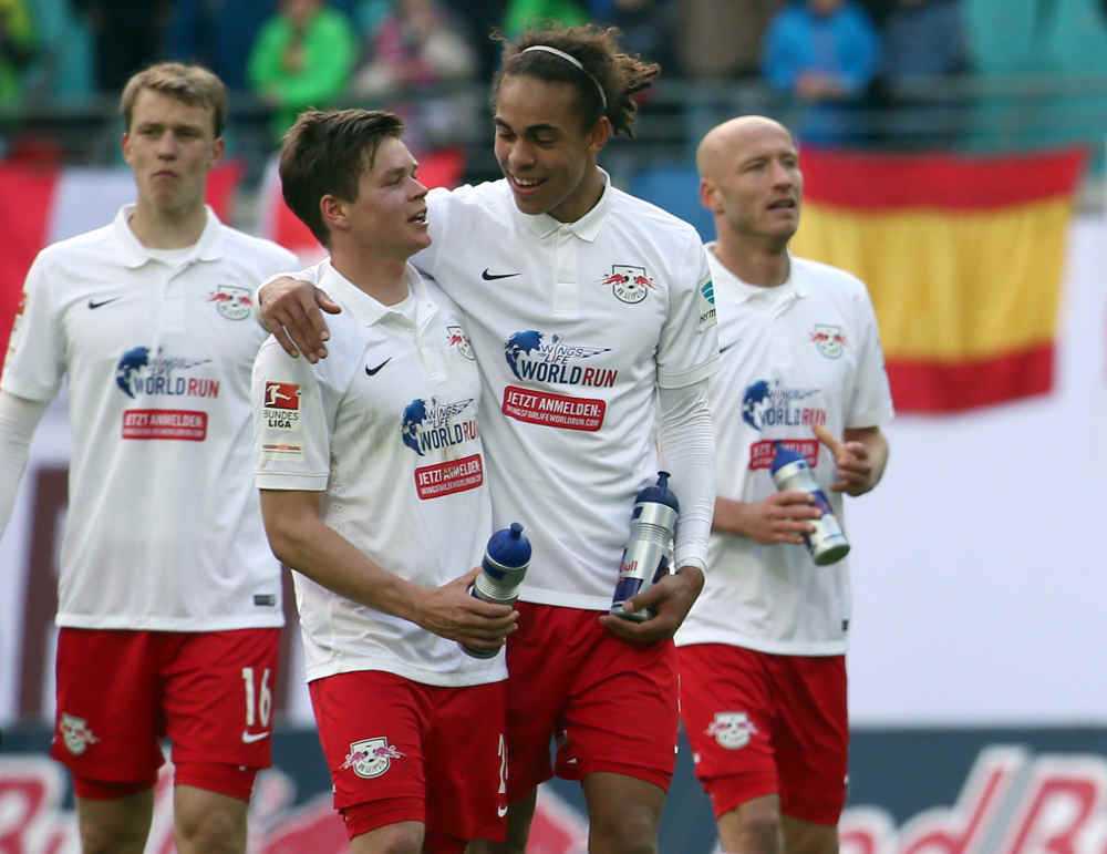 RasenBallsport Leipzig vs. 1. FC Nürnberg - Freude bei Dominik Kaiser und Yussuf Poulsen (RB Leipzig) - Foto: GEPA pictures/Kerstin Kummer