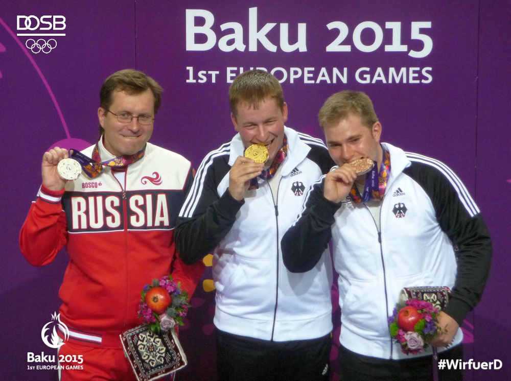 Baku 2015 Europaspiele: Christian Reitz und Oliver Geis erfolgreich - Schiessen 25 m Schnellfeuer Männer Siegerehrung - Foto: DOSB