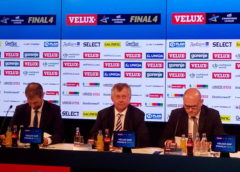 David Szlezak (EHF Marketing), Michael Wiederer (EHF-Präsident), Markus Hausleitner (EHF-Generalsekretär - v.l.) - Pressekonferenz am 27. Mai 2018 in Köln - EHF FINAL4 - Handball Champions League - Foto: SPORT4FINAL