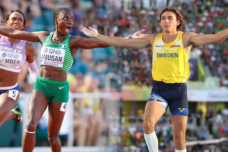 Leichtathletik WM 2022 Eugene Oregon22: Tobi Amusan und Armand Duplantis. Copyright: Getty Images for World Athletics